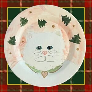 White Cat Christmas Cookie Plate with Scattered Christmas Trees